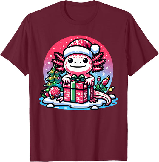 Christmas Axolotl Santa Hat Boy Girl Kids Xmas Axolotl Lover T-Shirt - T-Shirt | Maroon