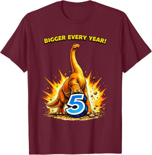 Bigger Every Year Dinosaur 5th Birthday T-Shirt - T-Shirt | Maroon