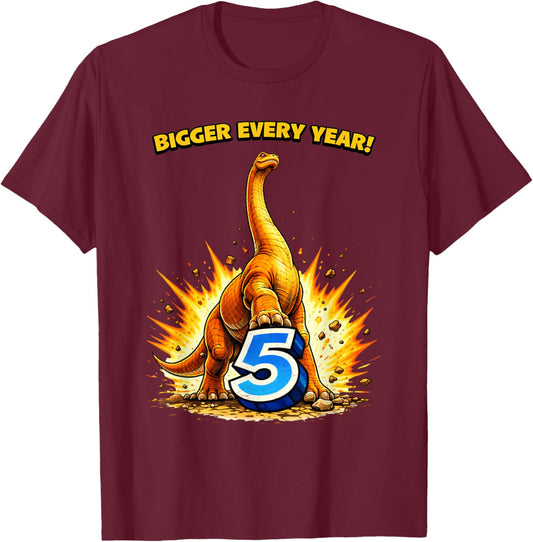 Bigger Every Year Dinosaur 5th Birthday T-Shirt - T-Shirt | Maroon