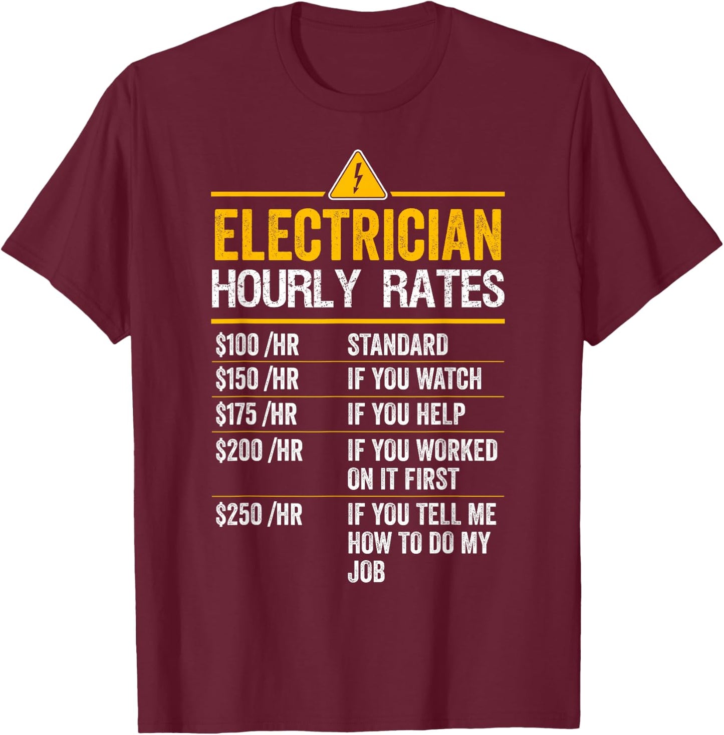 Funny Electrician Hourly Rates Lineman Labor Rates T-Shirt - T-Shirt | Maroon
