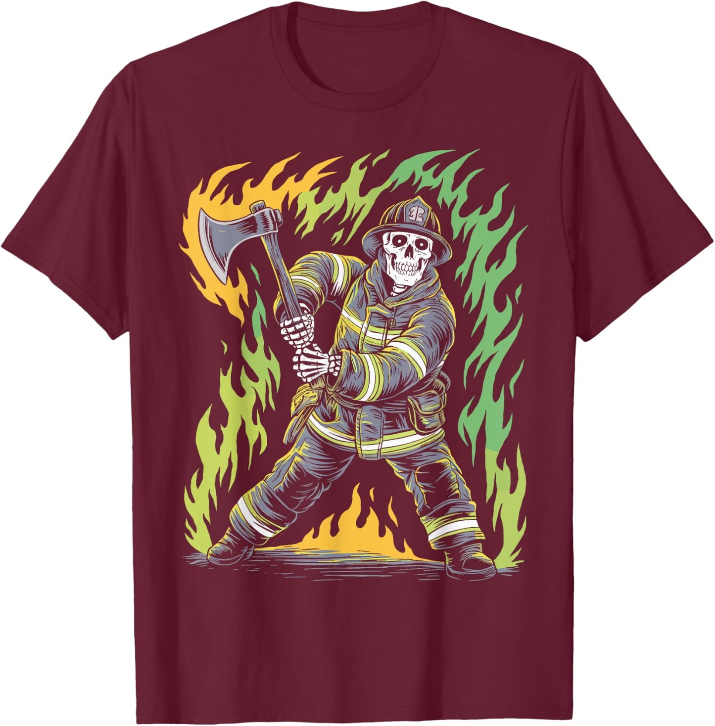 Skeleton Firefighting Lovers Spooky Halloween Firefighter T-Shirt - T-Shirt | Maroon