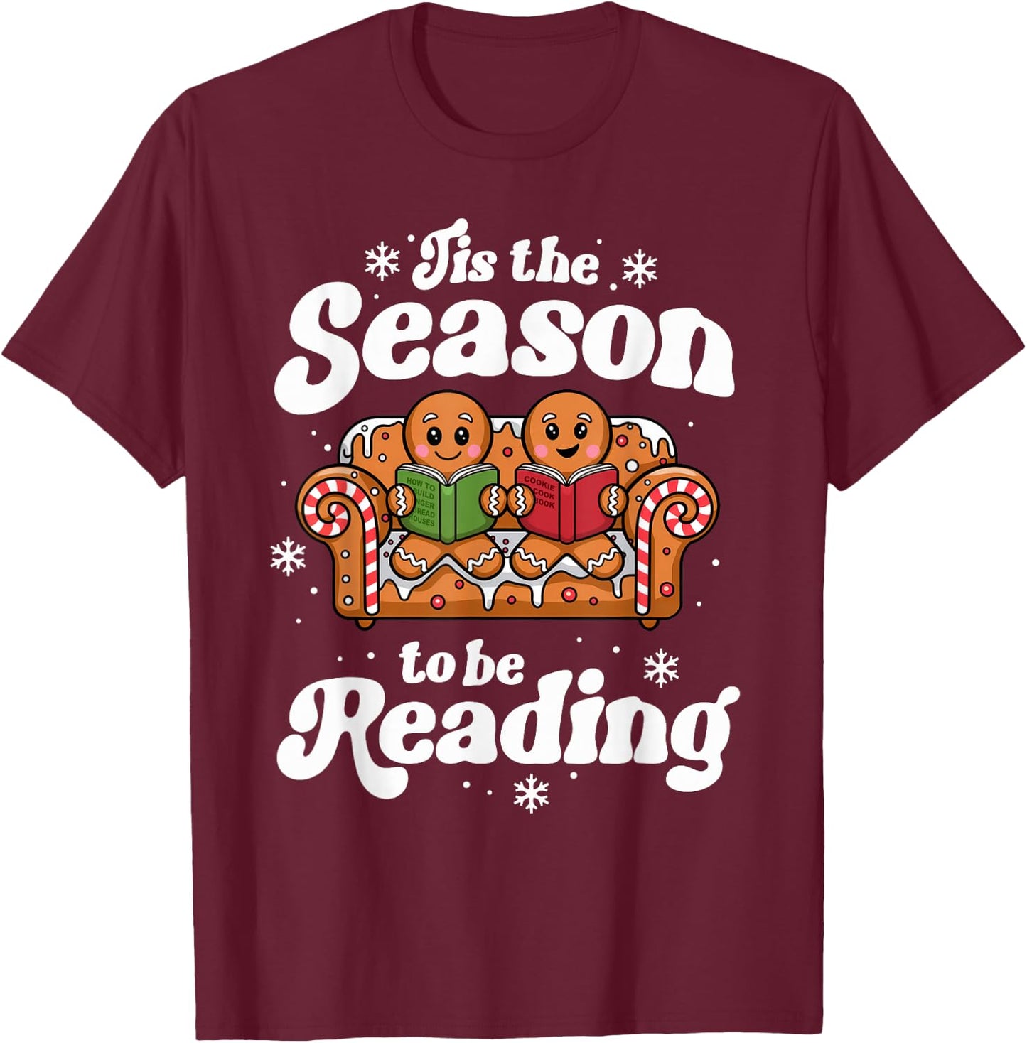 Christmas Book Lover Gingerbread Library Reading Bookaholic T-Shirt - T-Shirt | Maroon