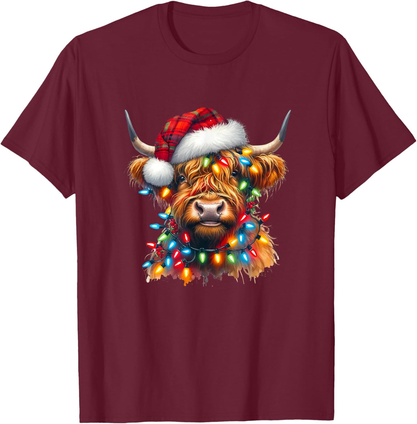 Highland Cow Christmas Xmas Santa Wooly Farm Animal Kids T-Shirt - T-Shirt | Maroon
