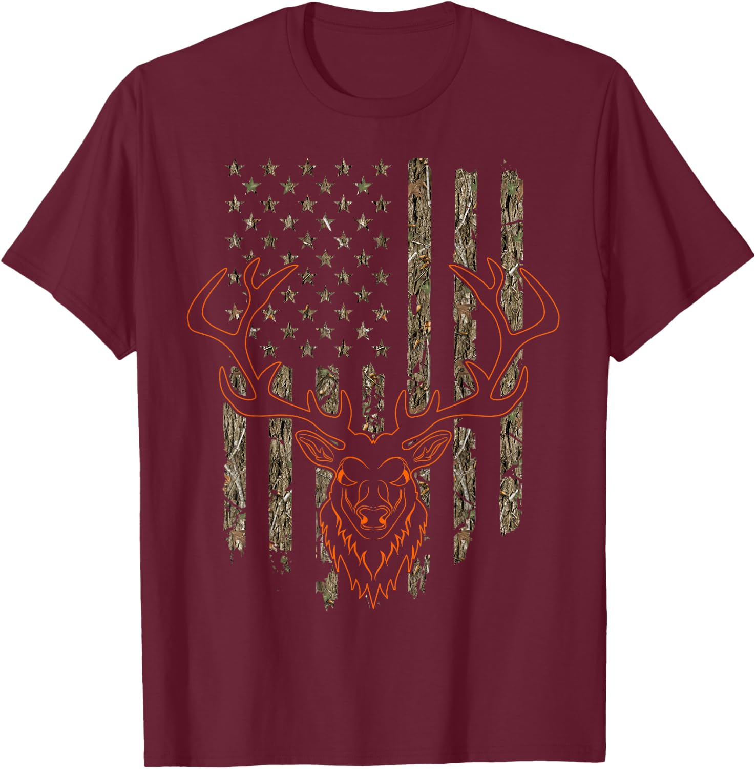 Mule Deer Stag Hunting Tree Forest Camouflage American Flag T-Shirt - T-Shirt | Maroon