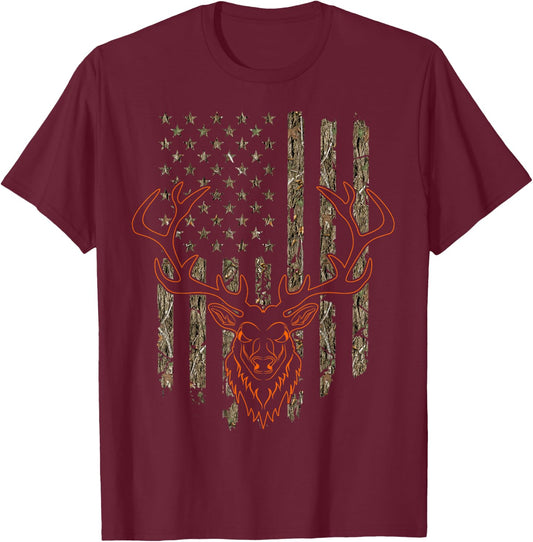 Mule Deer Stag Hunting Tree Forest Camouflage American Flag T-Shirt - T-Shirt | Maroon