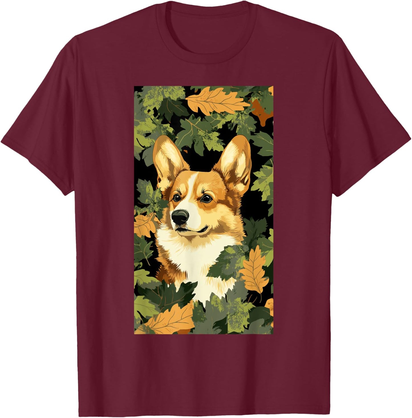 Pembroke Welsh Corgi Leaf Camouflage Pattern T-Shirt - T-Shirt | Maroon