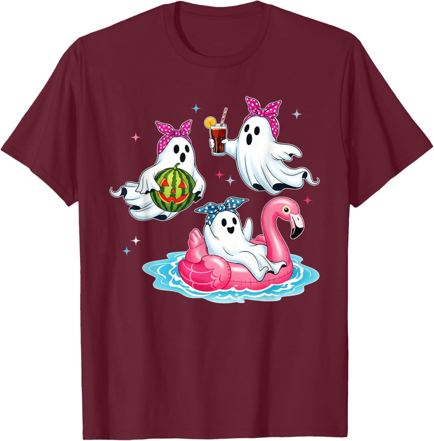 Ghost with Flamingo, Floating Watermelon, Jack o Lantern Party T-Shirt - T-Shirt | Maroon