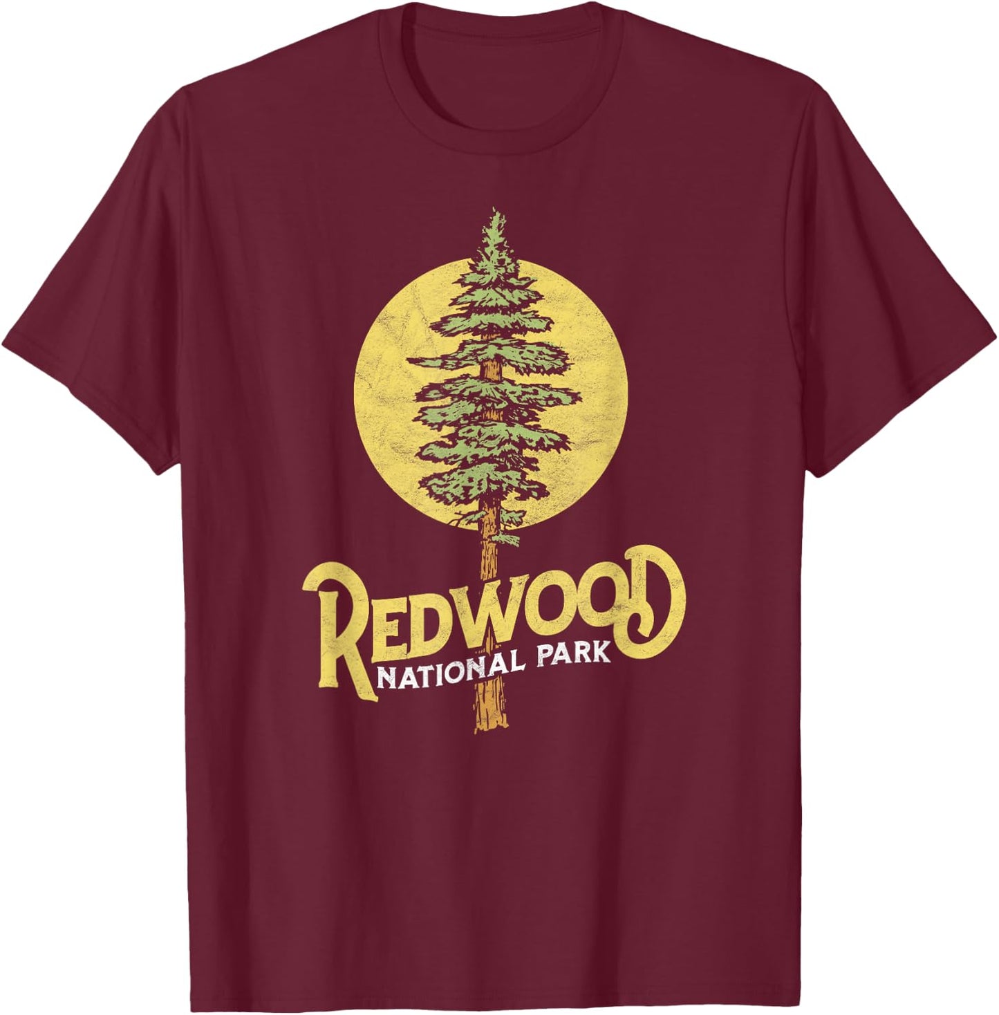 Redwood National Park Retro Vibe Distressed Tree Graphic T-Shirt - T-Shirt | Maroon