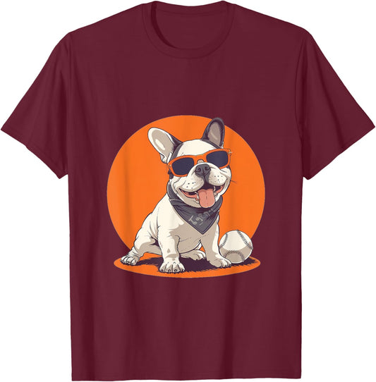 Cute French Bulldog Baseball Sports Dog Sunglasses Frenchie Women Kids T-Shirt - T-Shirt | Maroon