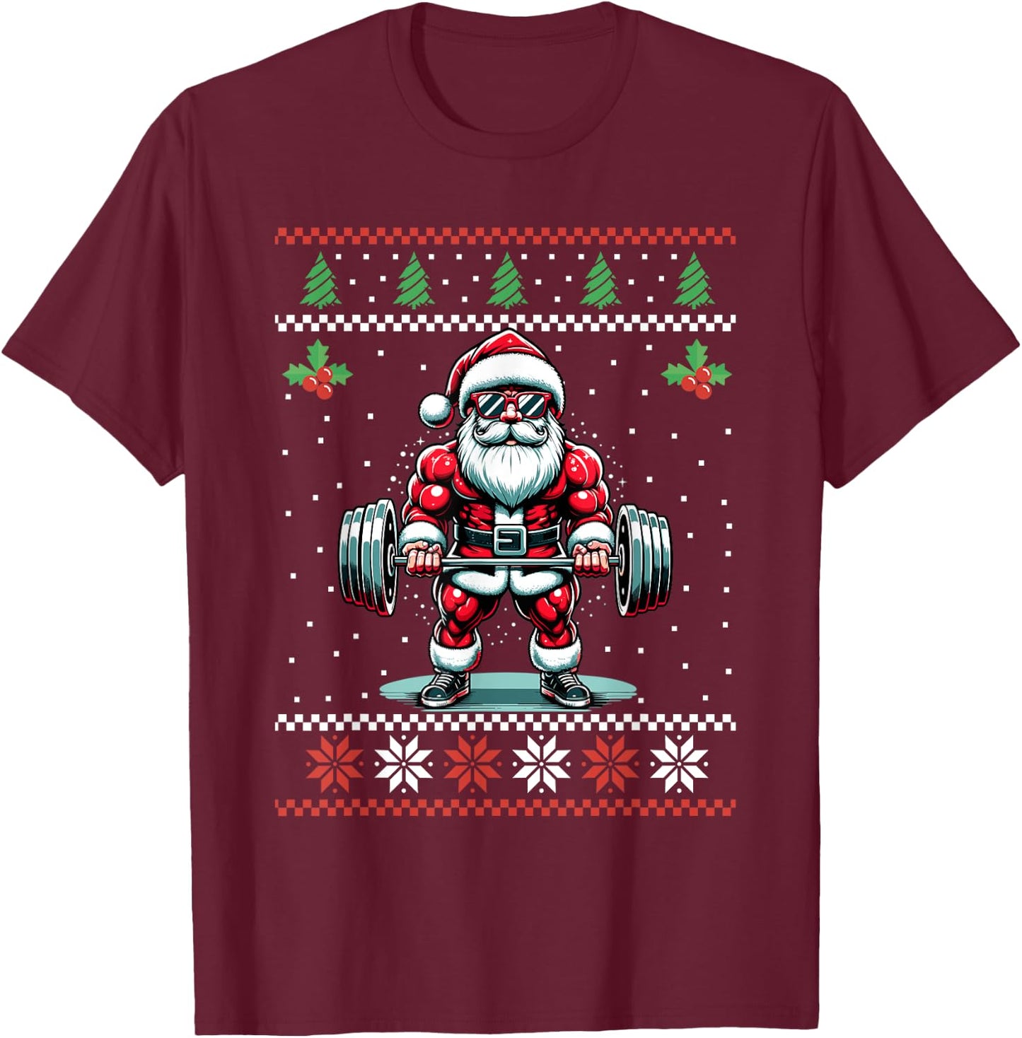 Santa Weightlifting Fitness Gym Ugly Christmas Sweater Xmas T-Shirt - T-Shirt | Maroon
