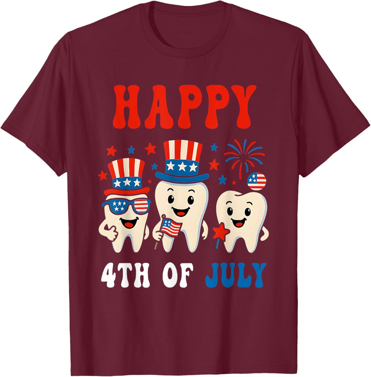 Happy 4th of july Dental Tooth American Flag Dentist T-Shirt - T-Shirt | Maroon