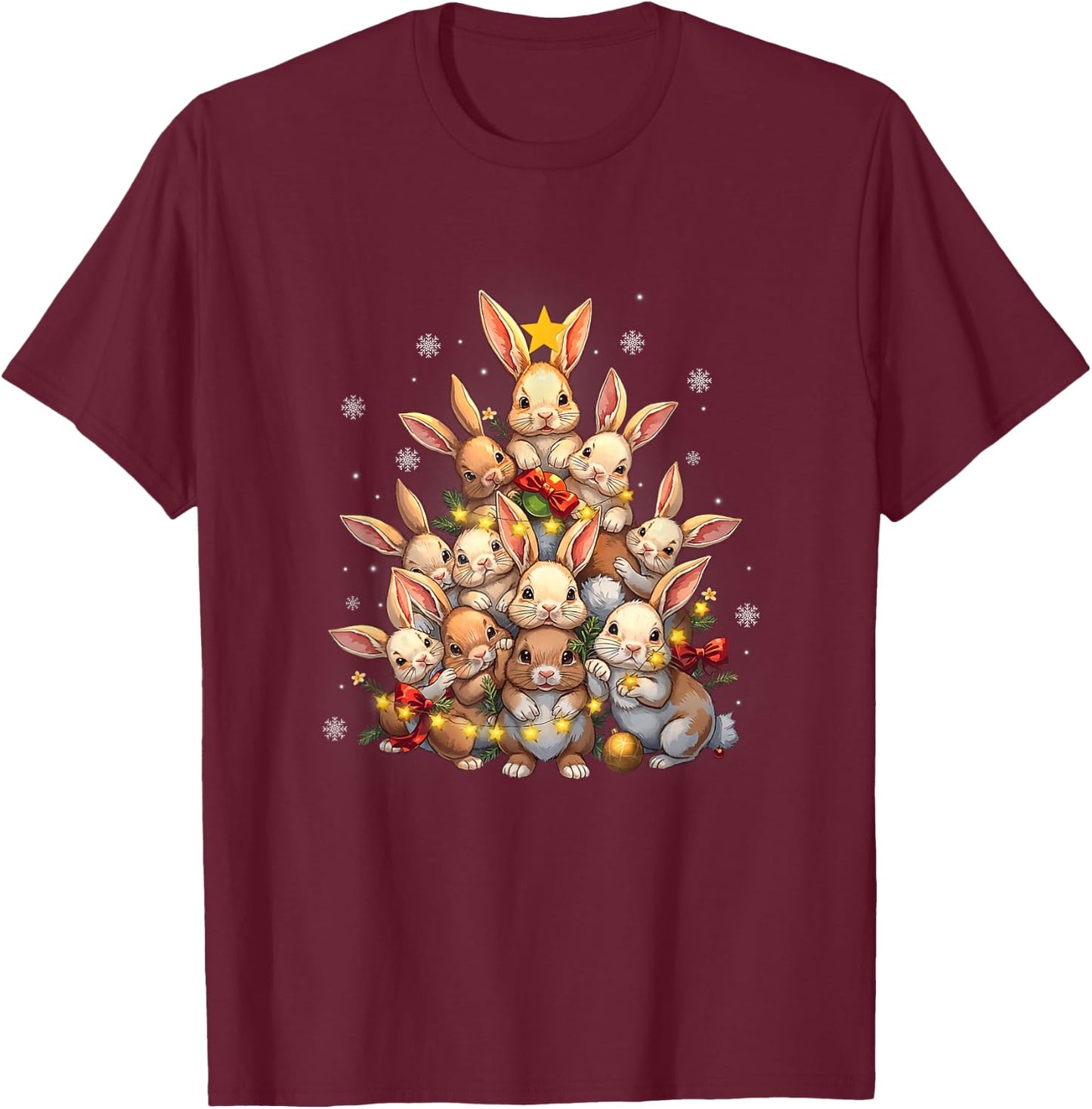 Cute Rabbit Bunny Christmas Tree Xmas Lights Kids Adults T-Shirt - T-Shirt | Maroon