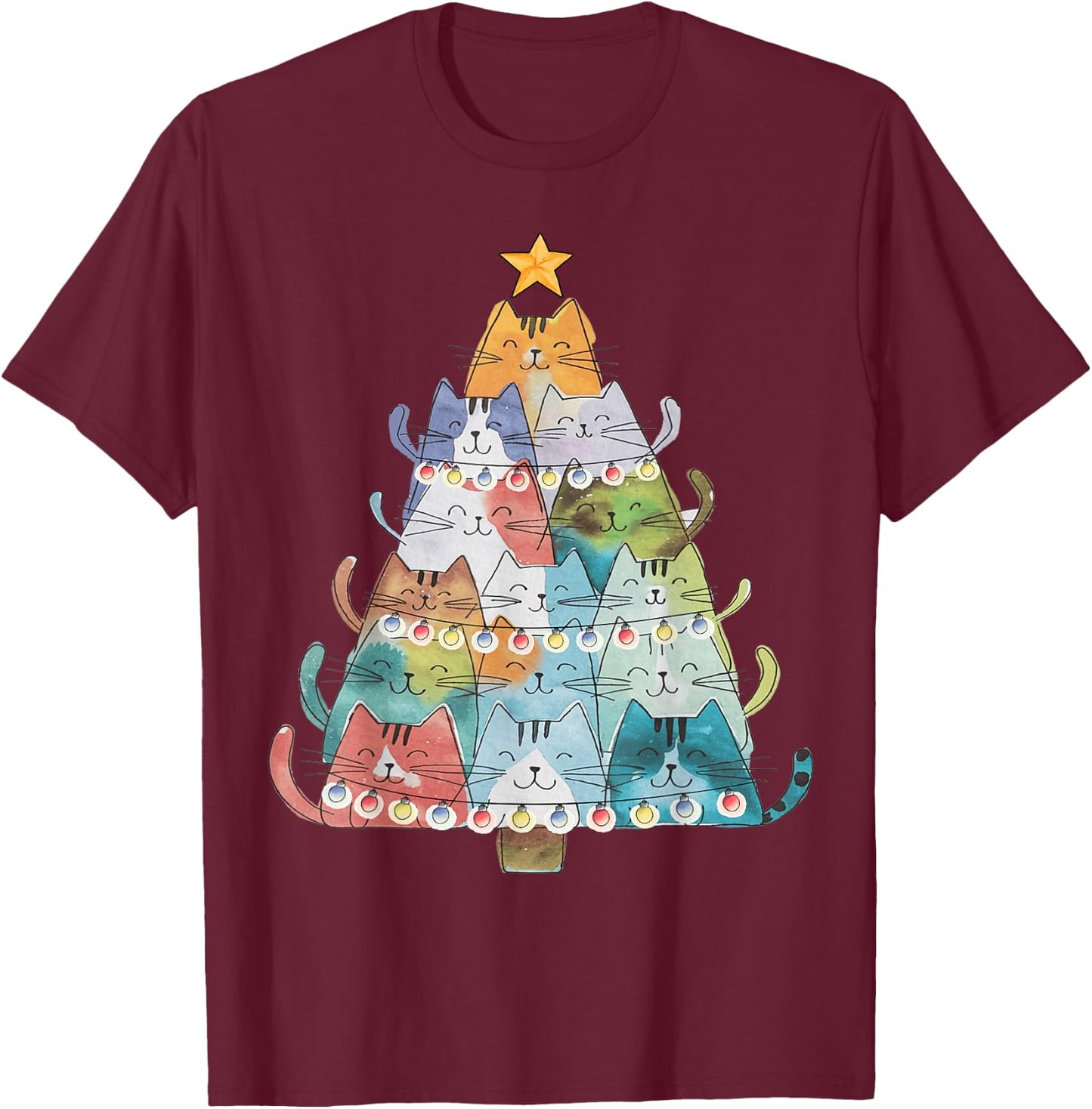 Funny Cat Christmas Tree Xmas Cat Lover Cat Graphic Women Kids T-Shirt - T-Shirt | Maroon
