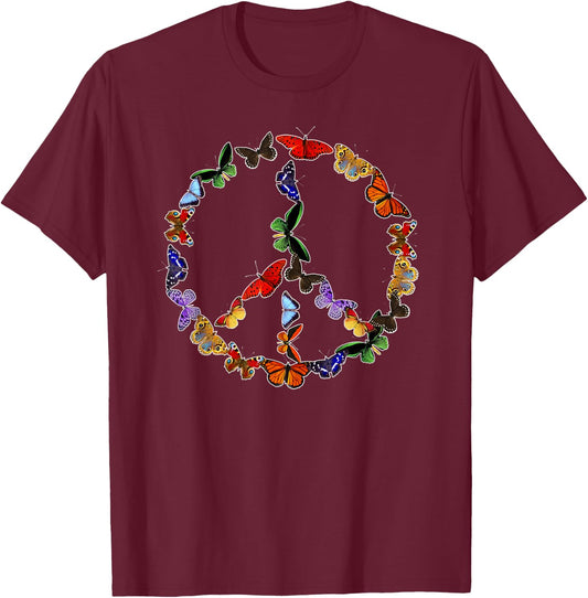 Butterflies Peace Sign Gift Hippie Love 60's 70s Groovy Cool T-Shirt - T-Shirt | Maroon