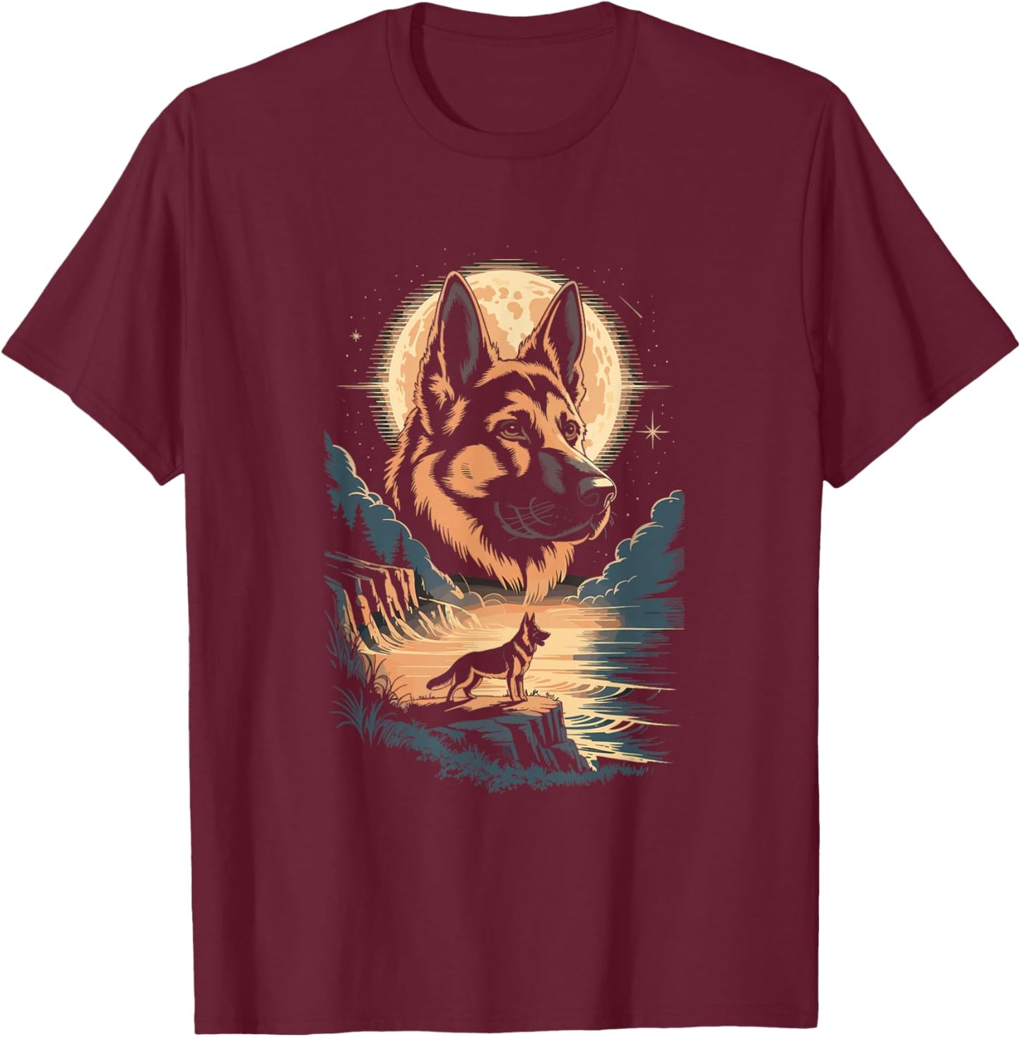 Moonlit German Shepherd Dog Night Lake Scene T-Shirt - T-Shirt | Maroon