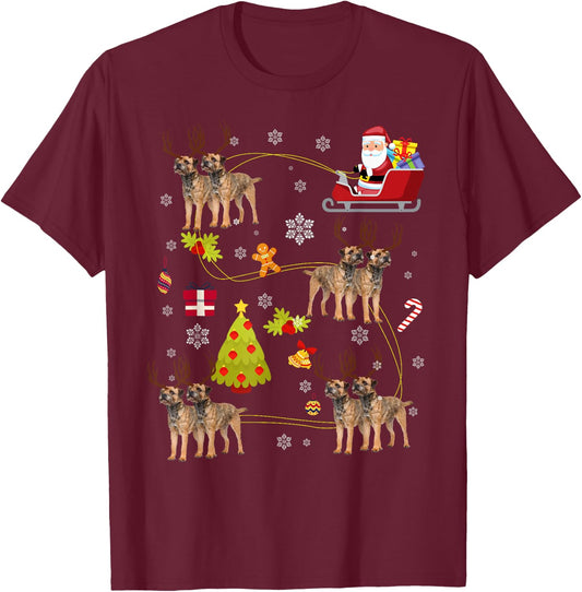 Santa Hat Border Terrier Christmas Tree Lights Xmas Gift T-Shirt - T-Shirt | Maroon