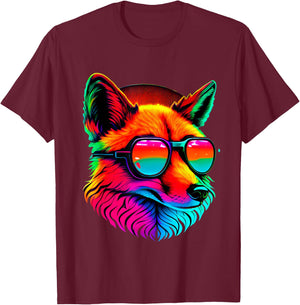 Cool Retro Art Fox In Sunglasses Colors T-Shirt - T-Shirt | Maroon