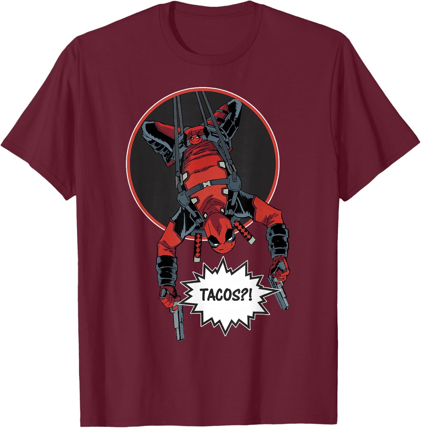 Marvel Deadpool Slinging Upside-Down Tacos?! T-Shirt - T-Shirt | Maroon