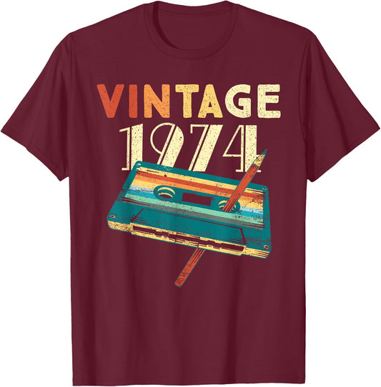 Vintage 1974 Music Cassette 51st Birthday Gifts 51 Years Old T-Shirt - T-Shirt | Maroon