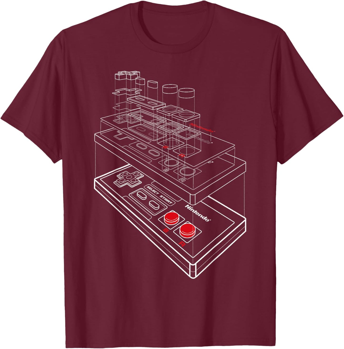 Nintendo NES Controller Exploded Schematic Graphic T-Shirt - T-Shirt | Maroon