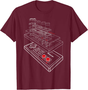 Nintendo NES Controller Exploded Schematic Graphic T-Shirt - T-Shirt | Maroon