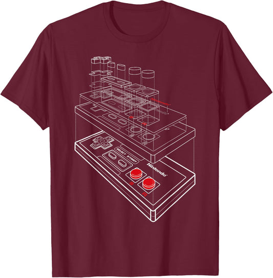 Nintendo NES Controller Exploded Schematic Graphic T-Shirt - T-Shirt | Maroon