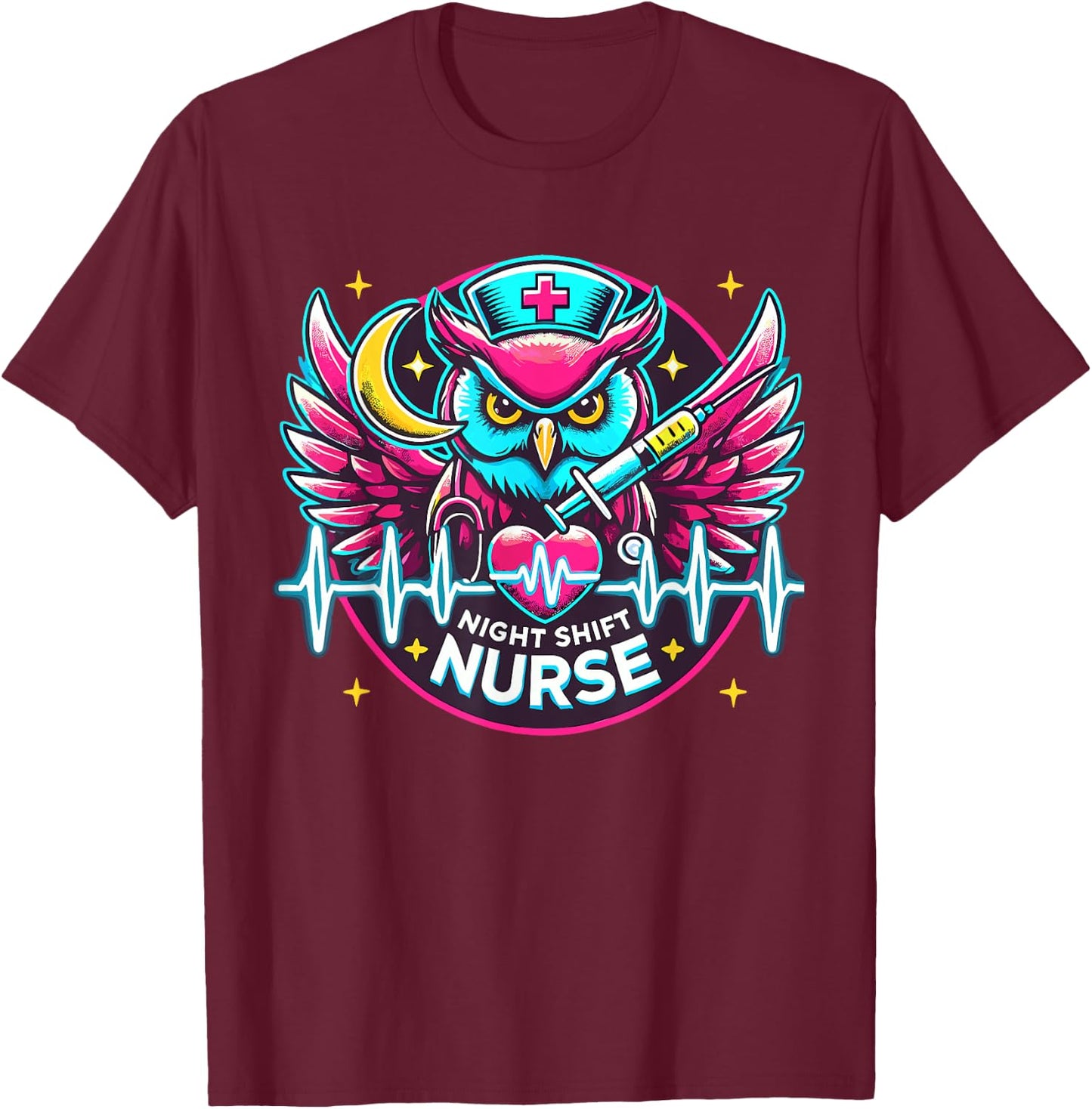Night Shift Nurse Owl RN RT US Funny Nurse T-Shirt - T-Shirt | Maroon