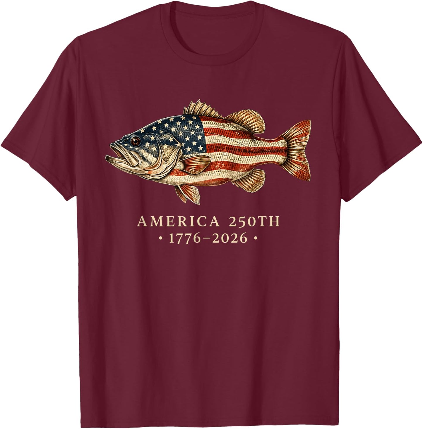 USA 250th 1776 2026 Patriotic Bass Fishing T-Shirt - T-Shirt | Maroon
