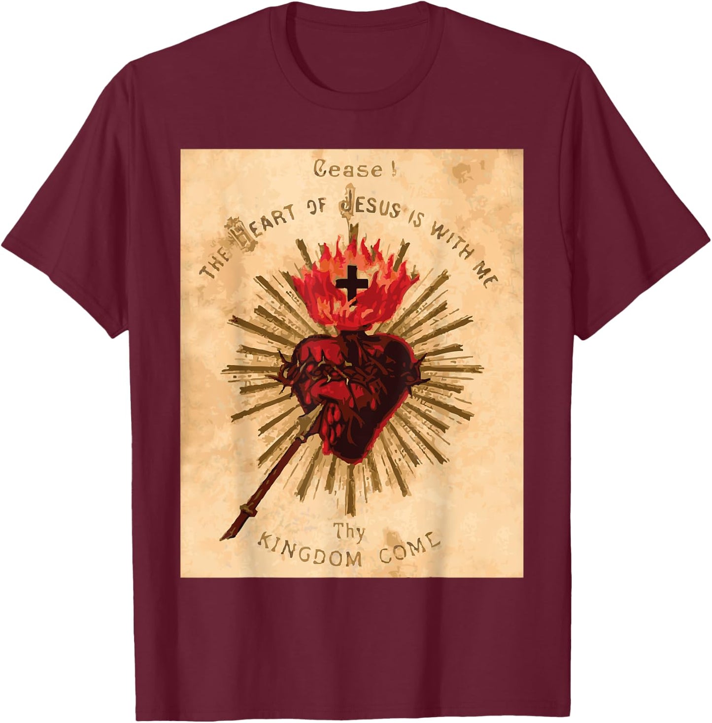Vintage Sacred Heart of Jesus Catholic Art Traditional T-Shirt - T-Shirt | Maroon