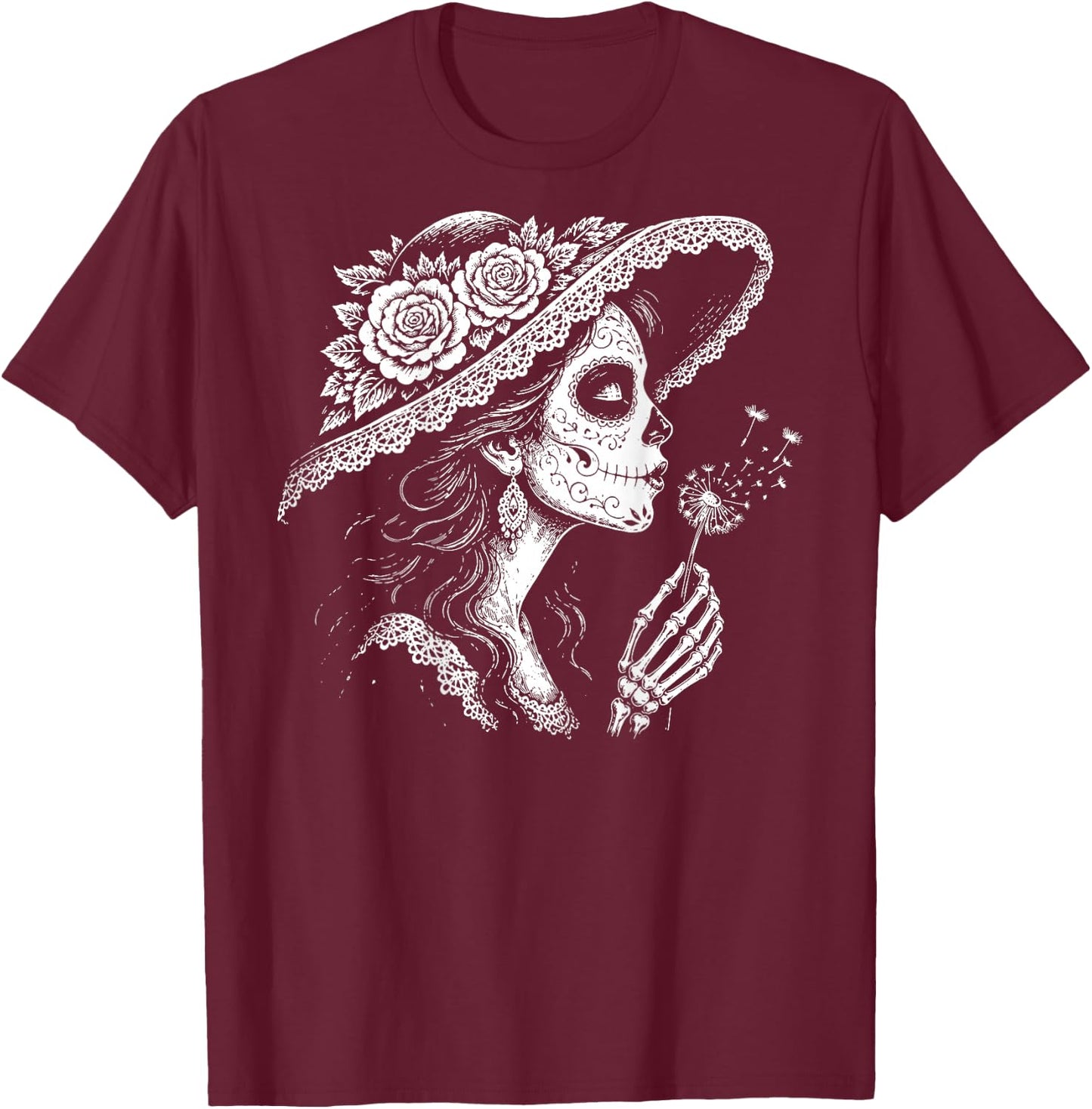 (On Back) la Catrina Blowing Wishes Dandelion Retro Vintage T-Shirt - T-Shirt | Maroon