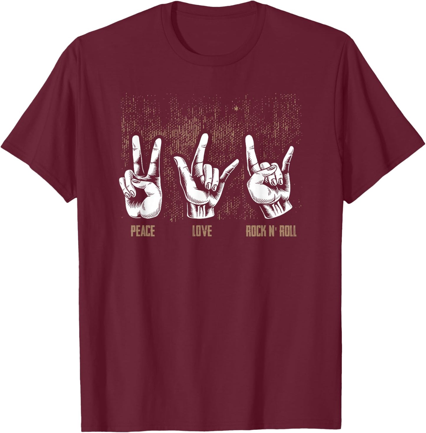 Peace Love Rock and Roll Guitar Hippie Hand Signs T-Shirt - T-Shirt | Maroon