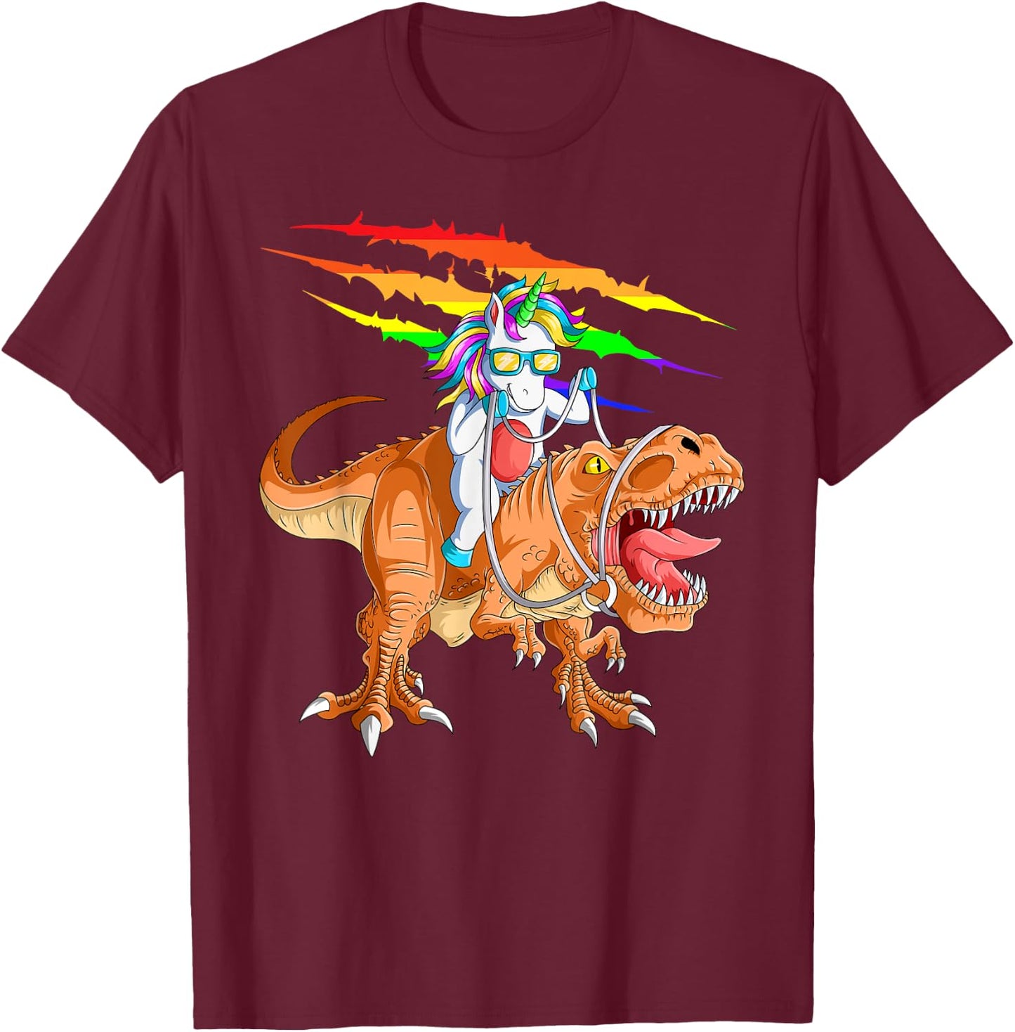 Unicorn Riding T-Rex Dinosaur For Kids Boys Girls Men Women T-Shirt - T-Shirt | Maroon