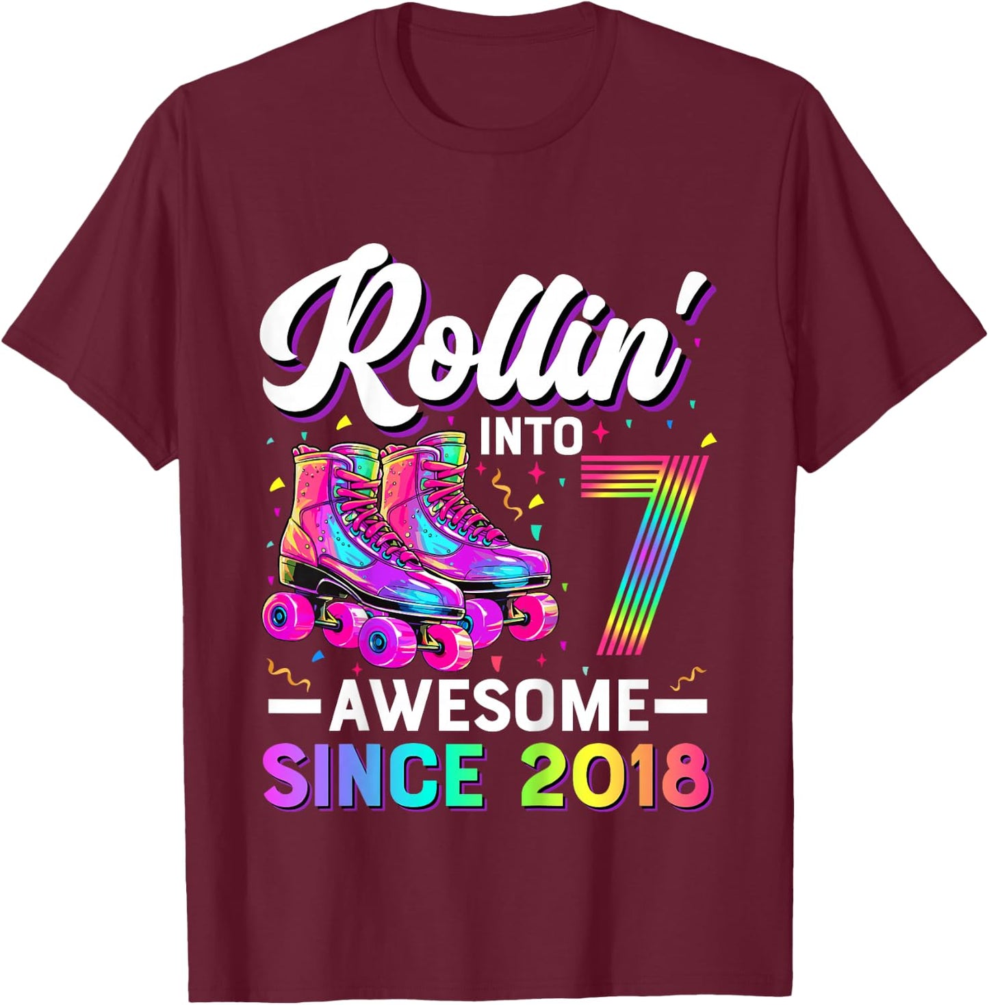 7th Birthday Shirt Girl 7 Year Old Roller Skate Skating T-Shirt - T-Shirt | Maroon