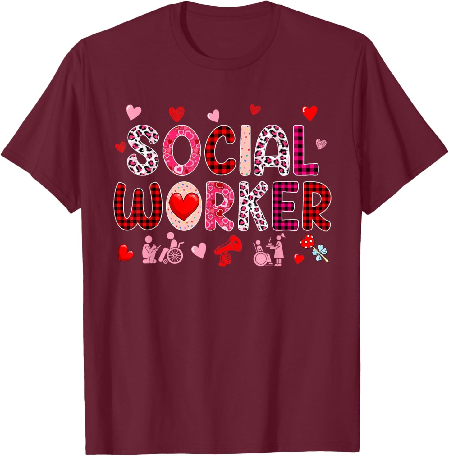 Social Worker Tools Valentine's Day Leopard Cute Hearts T-Shirt - T-Shirt | Maroon