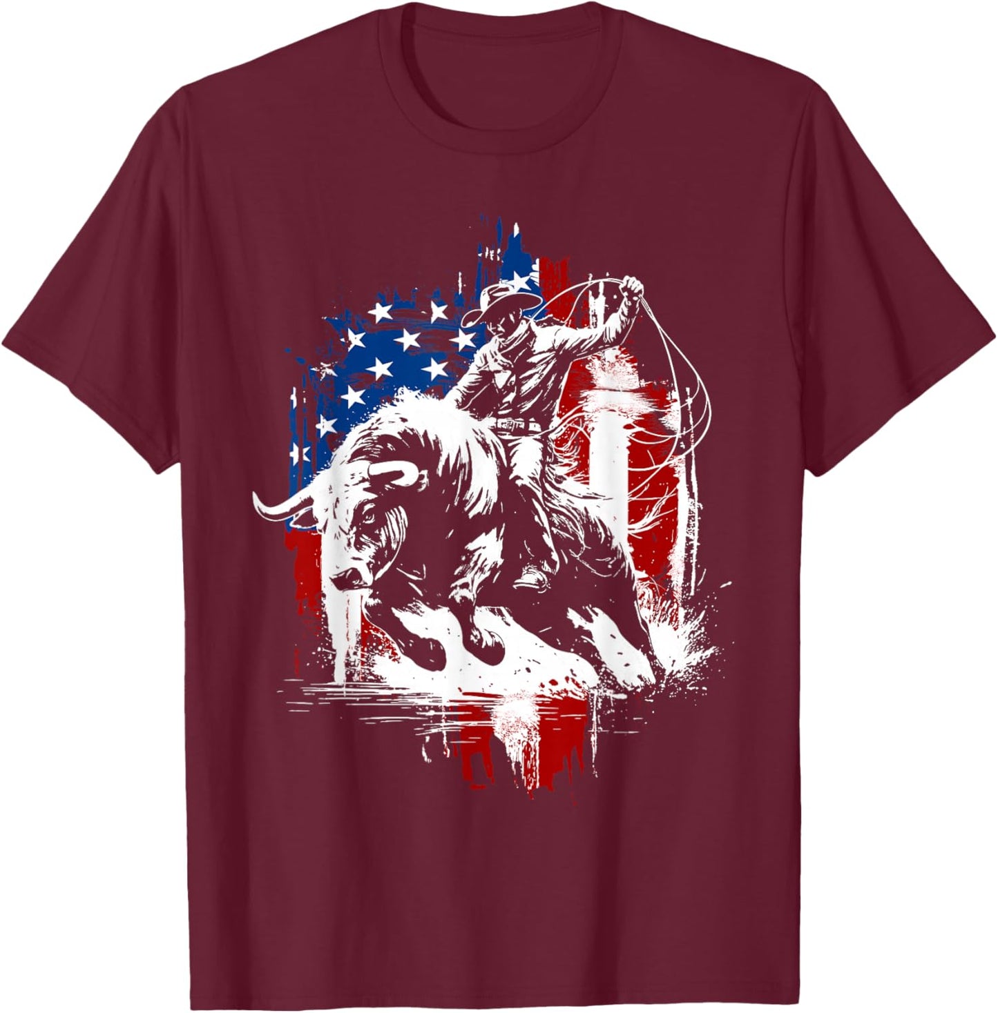 4th of July Funny Bulls Riding Western Cowboy Rodeo USA Flag T-Shirt - T-Shirt | Maroon