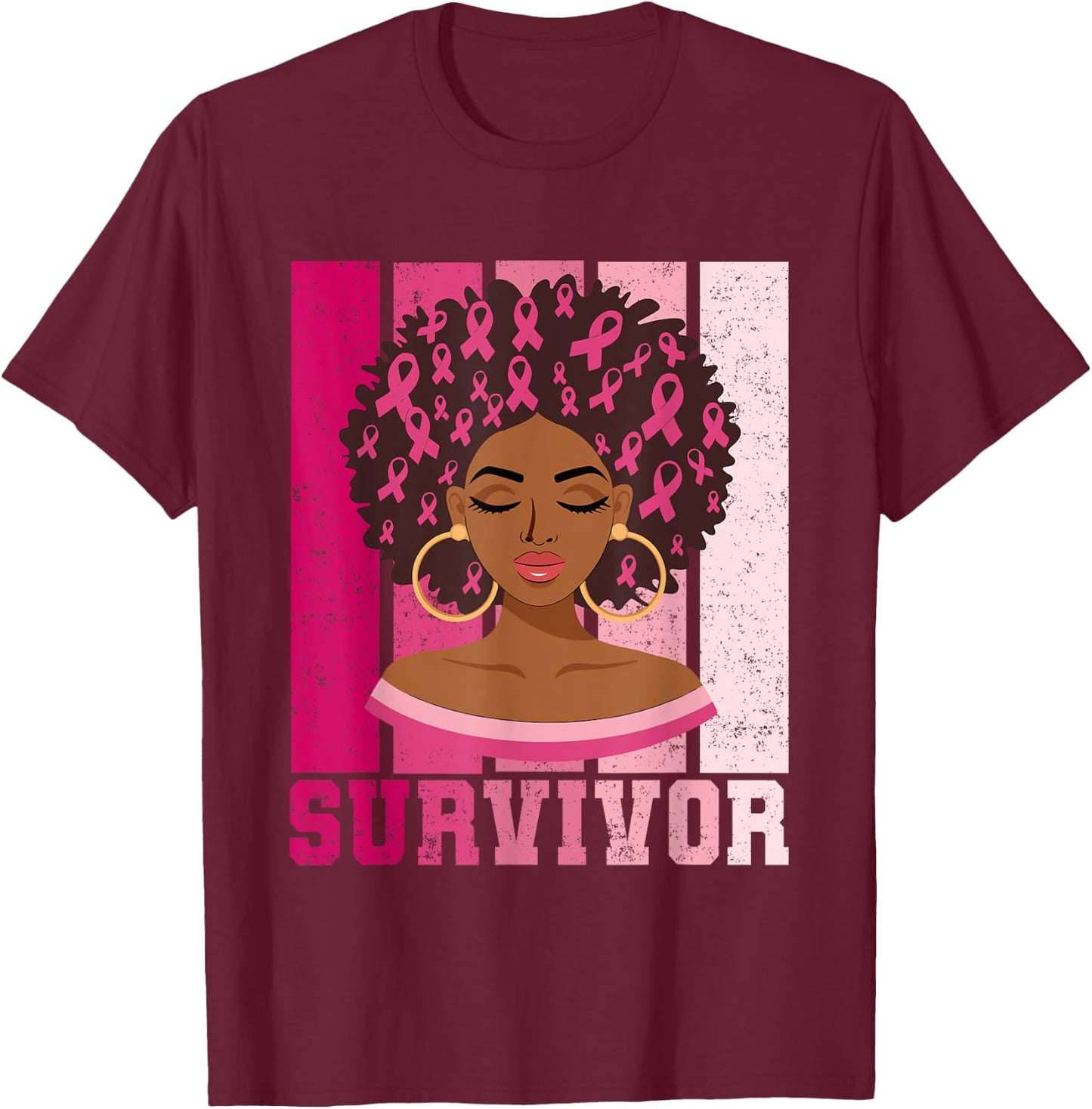 Black Woman Pink Ribbon October Breast Cancer Survivor T-Shirt - T-Shirt | Maroon