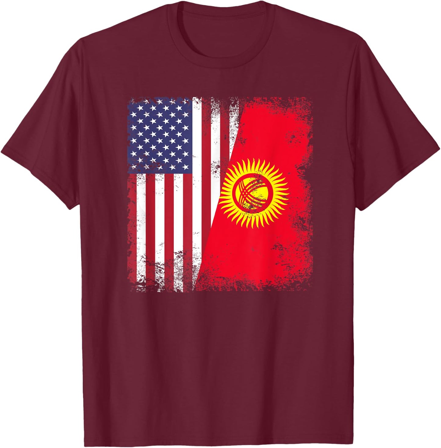 Half Kyrgyz Flag | Vintage Kyrgyzstan USA Gift T-Shirt - T-Shirt | Maroon