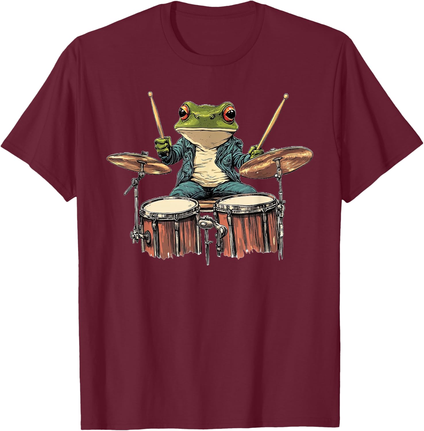 Cute Frog Playing Drums Frogs Drummer Music T-Shirt - T-Shirt | Maroon