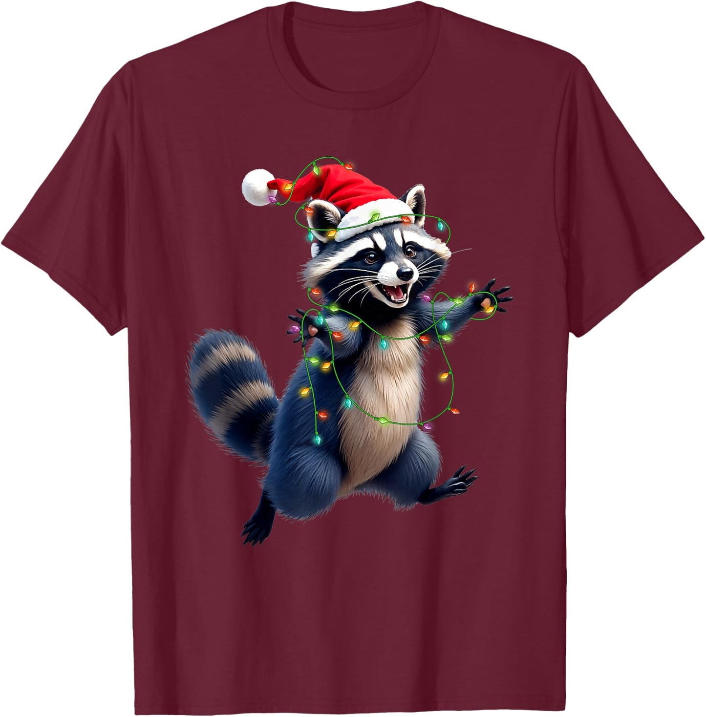 Funny Racoon Santa Hat Christmas Tree Lights Xmas PJS Kids T-Shirt - T-Shirt | Maroon