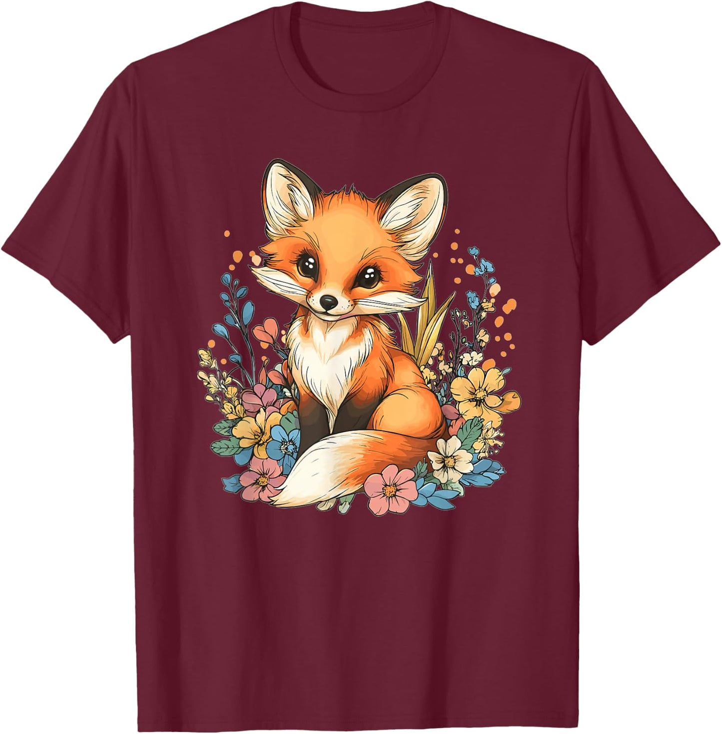 Cute Fox with Flowers I Kids Fox T-Shirt - T-Shirt | Maroon