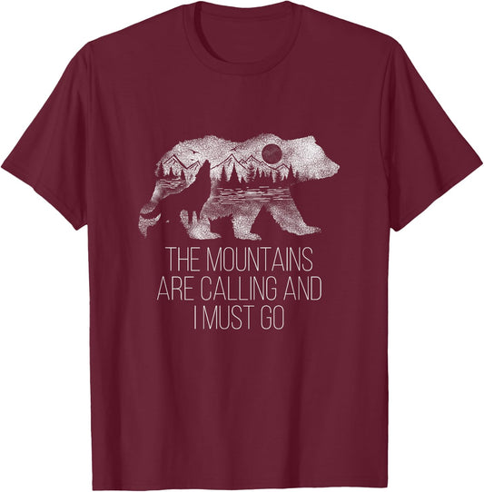The Mountains are Calling and I Must Go Camping Gift T-Shirt - T-Shirt | Maroon