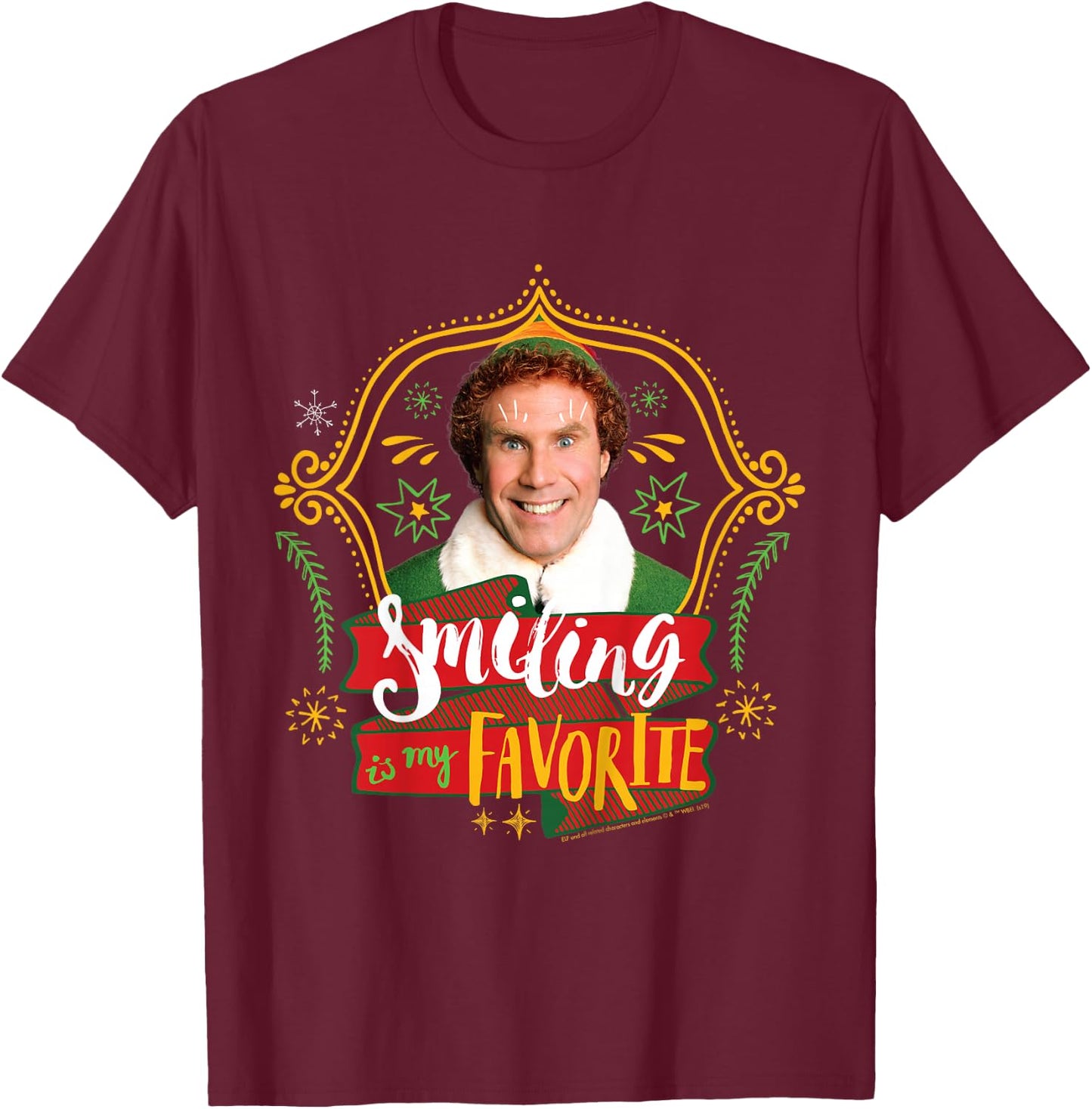 Kids Elf Buddy Smiling Is My Favorite Text Portrait T-Shirt - T-Shirt | Maroon