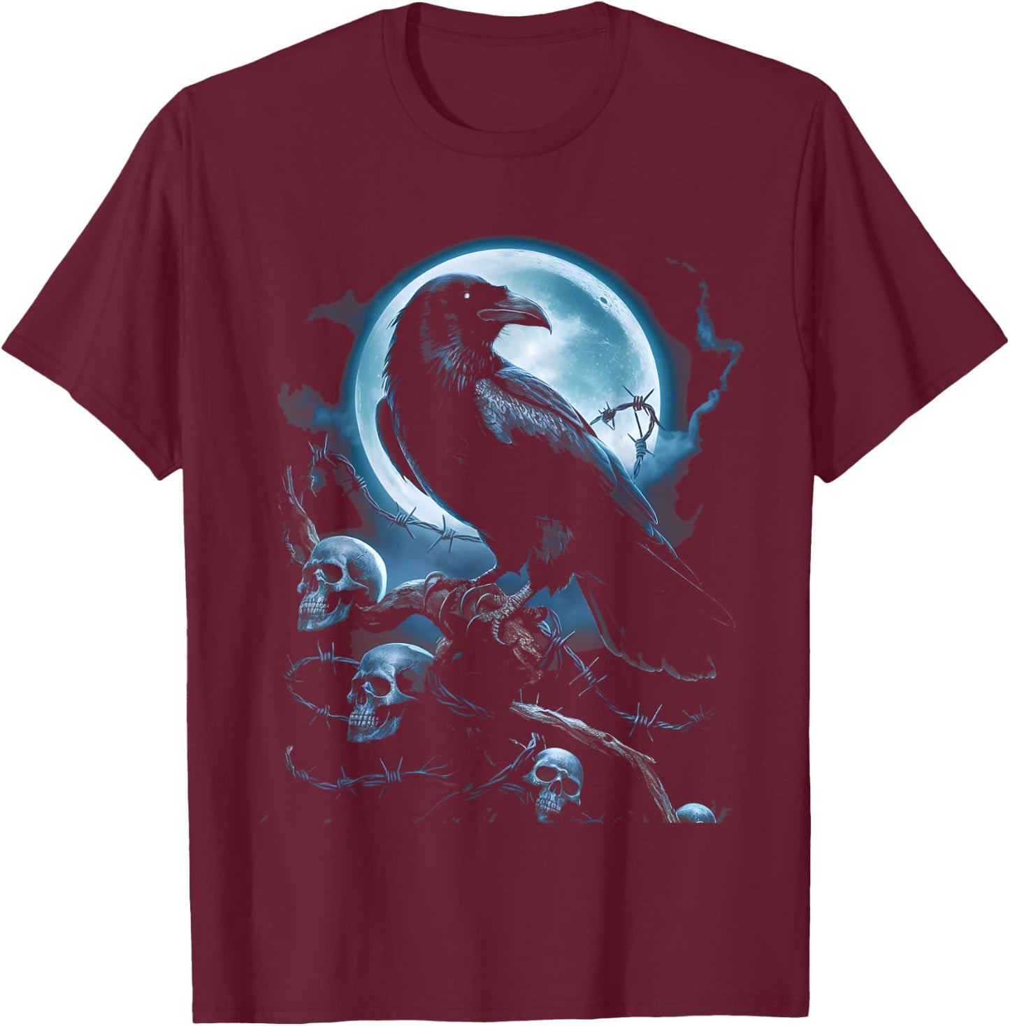 Black Crow Raven Bird Gothic Y2K Style Skull T-Shirt - T-Shirt | Maroon