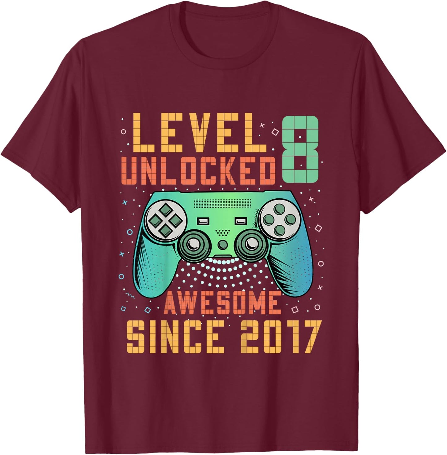 Kids Level 8 Unlocked 8th Birthday 8 Year Old Boy Gifts Gaming T-Shirt - T-Shirt | Maroon