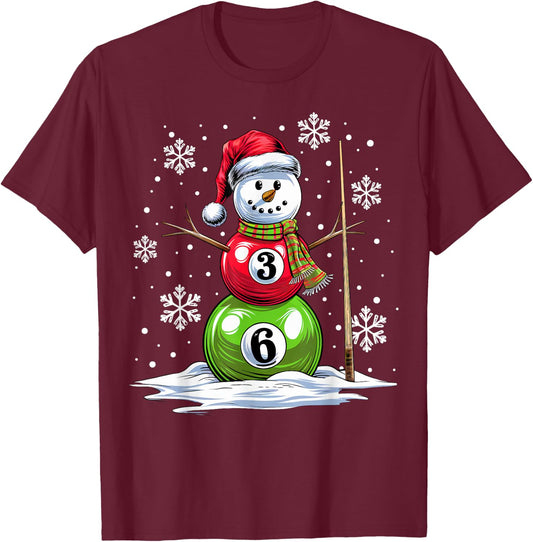 Pool Game Balls Snowman Billiards Player Funny Christmas T-Shirt - T-Shirt | Maroon