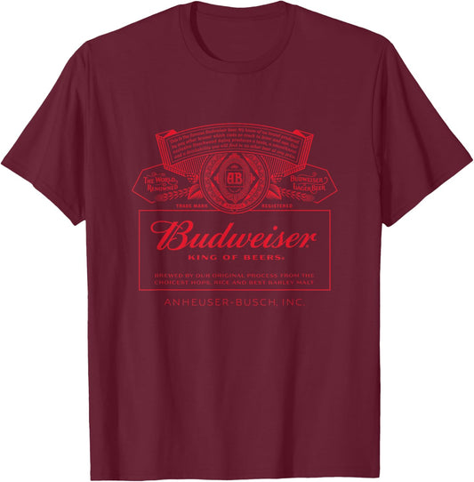 Budweiser Classic Budweiser Can Label T Shirt, Black, Small US T-Shirt - T-Shirt | Maroon