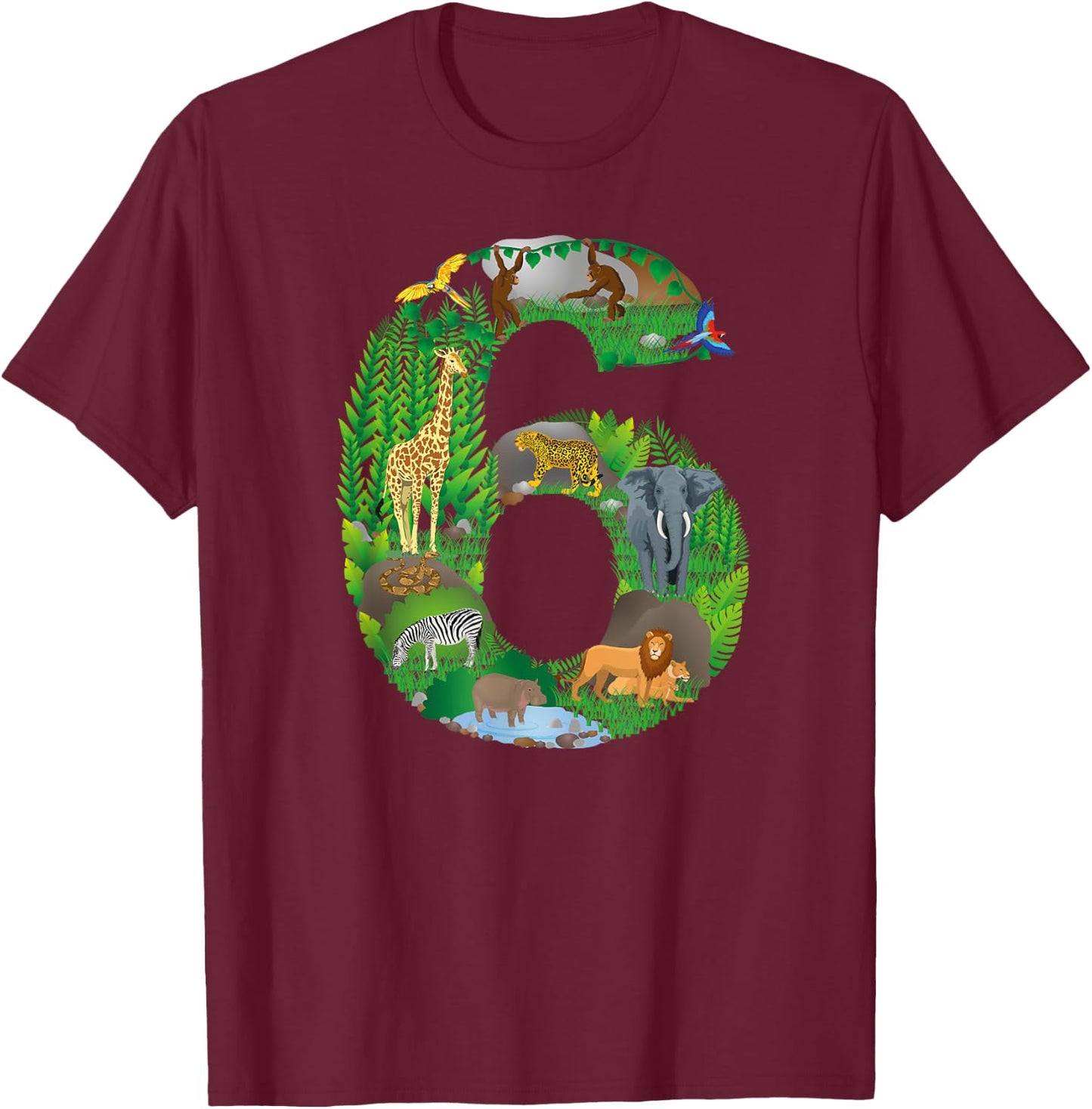Safari Jungle Zoo animals Sixth Birthday number 6 T-Shirt - T-Shirt | Maroon