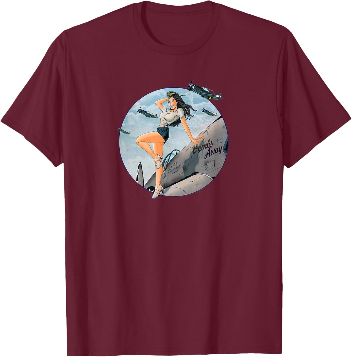 Pinup Girls Air Force Bombs Away WW2 Poster T-Shirt - T-Shirt | Maroon