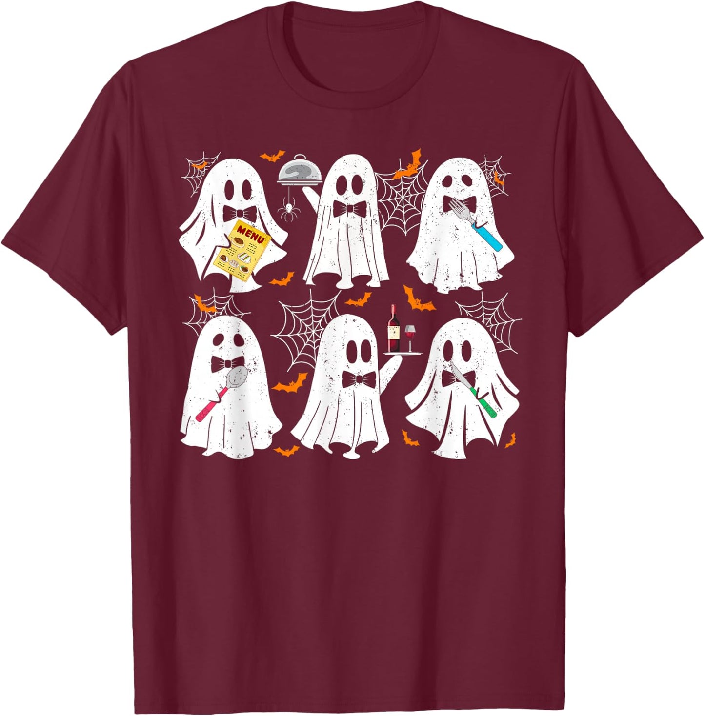 Ghost Waiter Waitress Funny Costume For Halloween Men Women T-Shirt - T-Shirt | Maroon