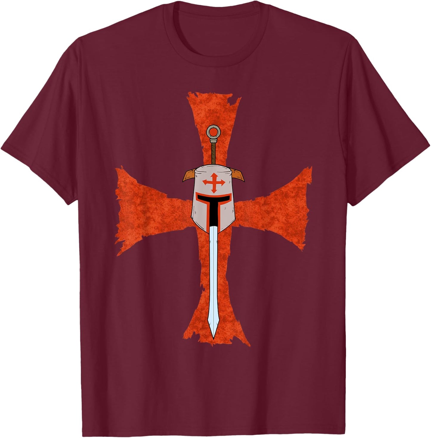 Deus Vult Crusade Sign Cross Crucifix Medieval Templar Sword T-Shirt - T-Shirt | Maroon